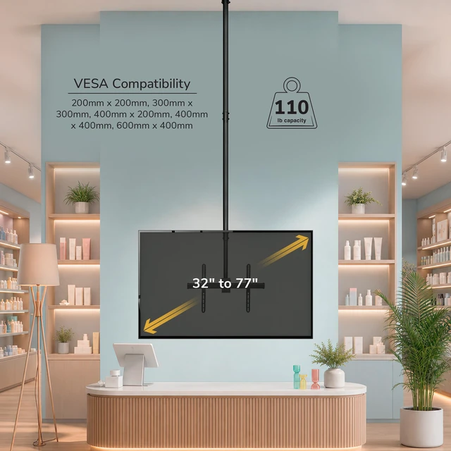 Alt view image 2 of 7 - Extra Long TV Ceiling Mount, 10-Ft Pole, MI-509XL Full motion 360 rotation fits 32-75" TVs up to 110 lbs, height adjustable 98-118"