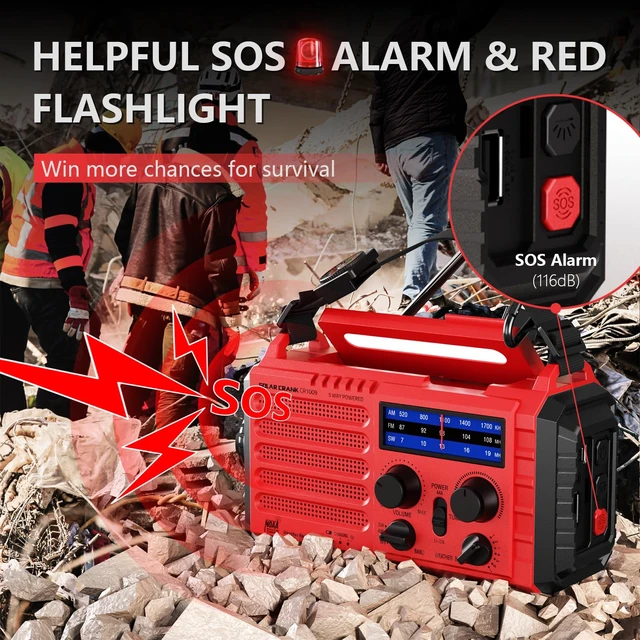 Alt view image 4 of 7 - Emergency Weather Radio with NOAA Alert, Solar Hand Crank, Battery Powered 5000mAh Rechargeable Battery, 5 Power Sources, AM/FM/SW Portable Radio, 3W Flashlight, Reading Lamp, SOS Alarm for Survival