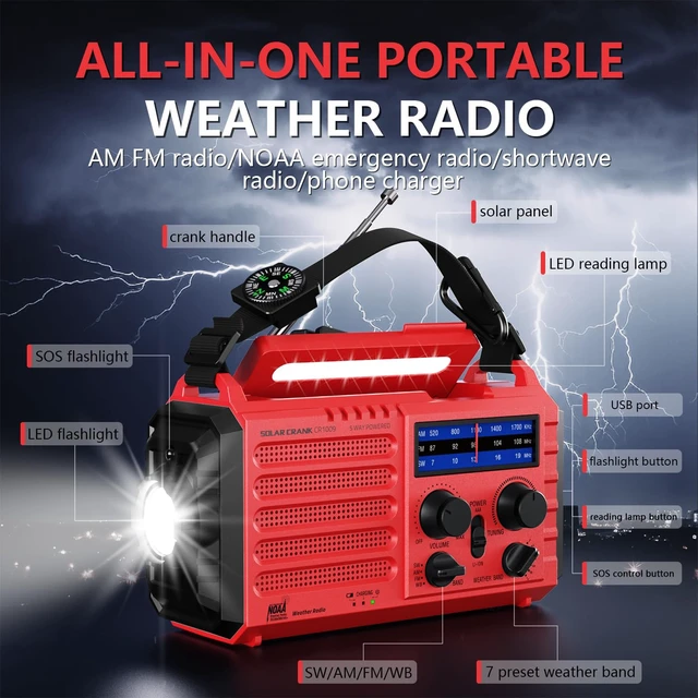Alt view image 6 of 7 - Emergency Weather Radio with NOAA Alert, Solar Hand Crank, Battery Powered 5000mAh Rechargeable Battery, 5 Power Sources, AM/FM/SW Portable Radio, 3W Flashlight, Reading Lamp, SOS Alarm for Survival