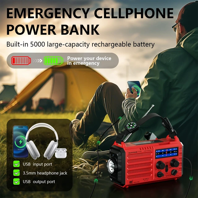 Alt view image 5 of 7 - Emergency Weather Radio with NOAA Alert, Solar Hand Crank, Battery Powered 5000mAh Rechargeable Battery, 5 Power Sources, AM/FM/SW Portable Radio, 3W Flashlight, Reading Lamp, SOS Alarm for Survival