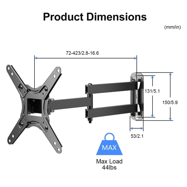 Alt view image 7 of 7 - Full Motion TV Monitor Wall Mount for Most 13-43 Inch LED LCD Flat Curved Screen TVs & Monitors, Articulating Arms Swivel Tilt Extension Rotation, Max VESA 200x200mm up to 44lbs, MA1345