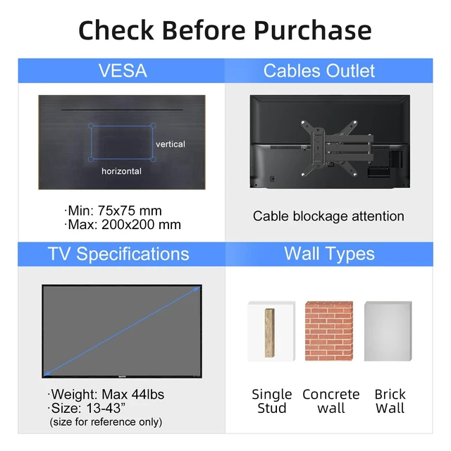 Alt view image 6 of 7 - Full Motion TV Monitor Wall Mount for Most 13-43 Inch LED LCD Flat Curved Screen TVs & Monitors, Articulating Arms Swivel Tilt Extension Rotation, Max VESA 200x200mm up to 44lbs, MA1345