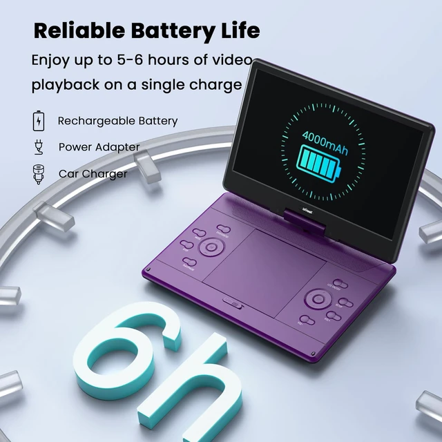 Alt view image 5 of 7 - 15.9" Portable DVD Player, 14.1" Large Screen, HDMI Input, Purple Home Entertainment, Kids & Seniors, 6-Hour Battery, TV Stick & Gaming Support, USB/SD Playback, Region Free, Resume Playback
