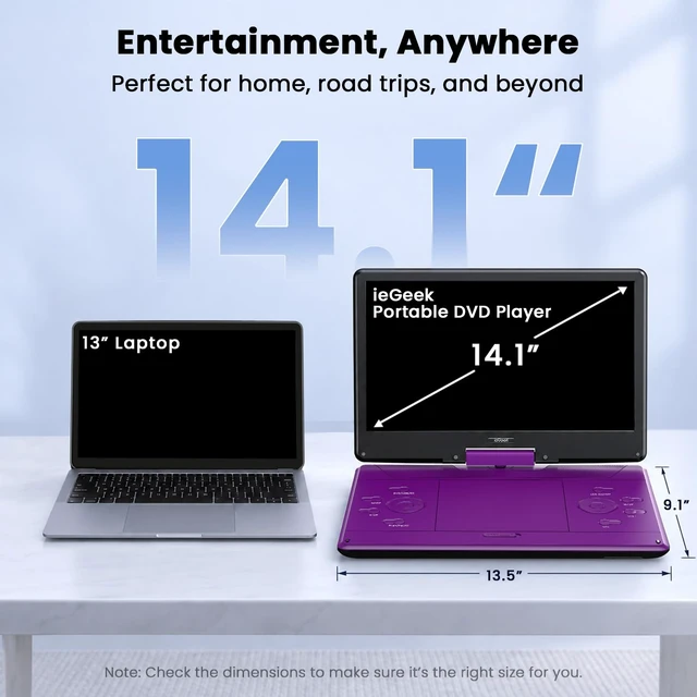 Alt view image 6 of 7 - 15.9" Portable DVD Player, 14.1" Large Screen, HDMI Input, Purple Home Entertainment, Kids & Seniors, 6-Hour Battery, TV Stick & Gaming Support, USB/SD Playback, Region Free, Resume Playback