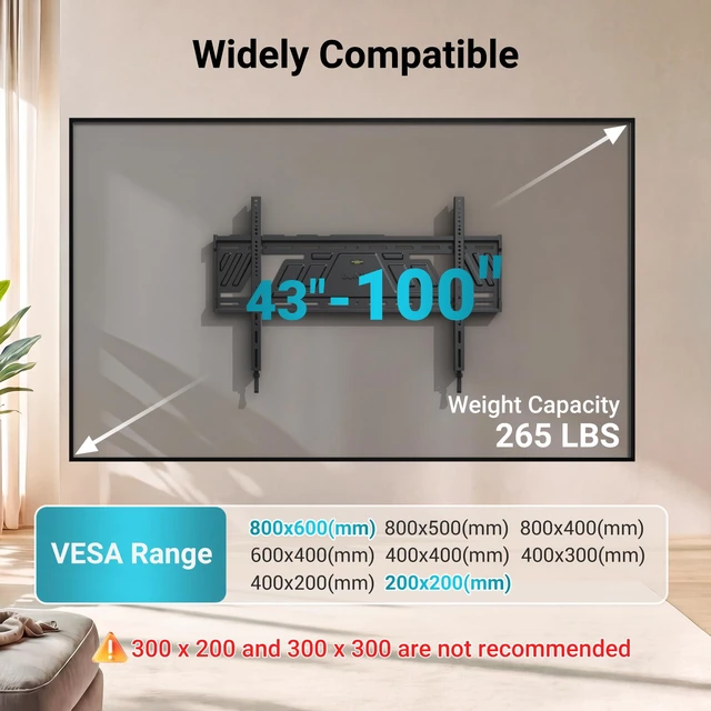 Alt view image 2 of 7 - Heavy Duty Fixed TV Wall Mount, 43-100 Inch TVs, Max VESA 800x600mm One-Piece Bracket up to 265 lbs for Flat Screen TVs, Low Profile Design, 0.9" from Wall, Fits 16"/24"/32" Wood Studs
