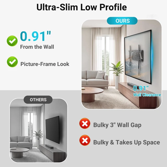 Alt view image 5 of 7 - Heavy Duty Fixed TV Wall Mount, 43-100 Inch TVs, Max VESA 800x600mm One-Piece Bracket up to 265 lbs for Flat Screen TVs, Low Profile Design, 0.9" from Wall, Fits 16"/24"/32" Wood Studs