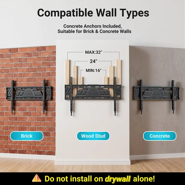 Alt view image 7 of 7 - Heavy Duty Fixed TV Wall Mount, 43-100 Inch TVs, Max VESA 800x600mm One-Piece Bracket up to 265 lbs for Flat Screen TVs, Low Profile Design, 0.9" from Wall, Fits 16"/24"/32" Wood Studs