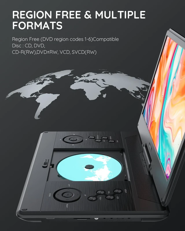 Alt view image 7 of 7 - 15.7" Portable DVD Player with HDMI Input, 14.1" Large HD Screen Region Free, 5 Hrs Rechargeable Battery, Syncs to TV & Projector, USB & SD Card, Dual Speakers, for Home Use & Road Trips