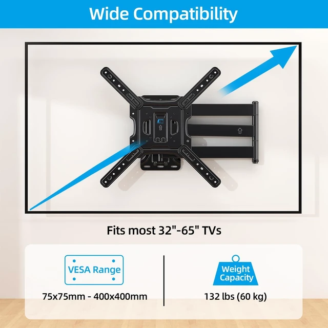 Alt view image 2 of 7 - Corner Extra Long Arm TV Wall Mount Bracket for 32-65 Inch TVs Full Motion Articulating Extendable Swing Out, Extends to 30.2", 90° Swivel, Max VESA 400x400mm up to 132lbs fits Single Stud