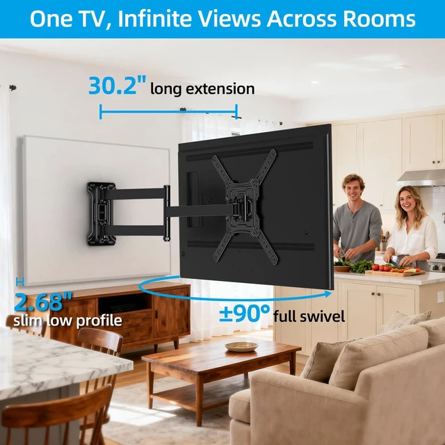 Alt view image 4 of 7 - Corner Extra Long Arm TV Wall Mount Bracket for 32-65 Inch TVs Full Motion Articulating Extendable Swing Out, Extends to 30.2", 90° Swivel, Max VESA 400x400mm up to 132lbs fits Single Stud