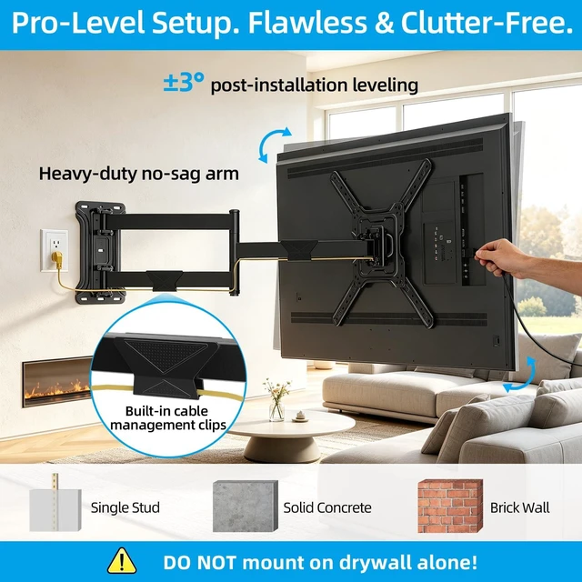 Alt view image 6 of 7 - Corner Extra Long Arm TV Wall Mount Bracket for 32-65 Inch TVs Full Motion Articulating Extendable Swing Out, Extends to 30.2", 90° Swivel, Max VESA 400x400mm up to 132lbs fits Single Stud