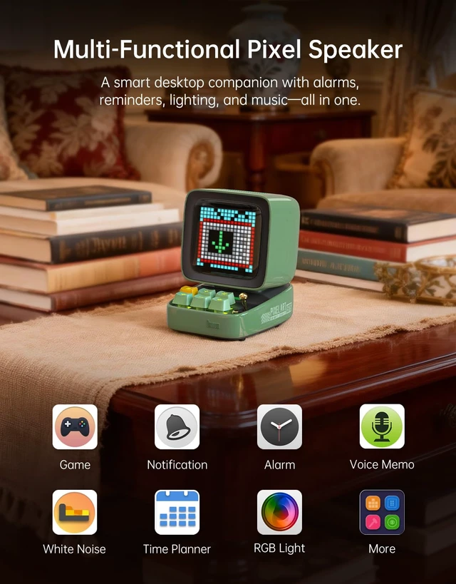Alt view image 7 of 7 - Ditoo Retro Pixel Art 15W Bluetooth Speaker,Cute Speaker with Alarm, White Noise & Mini Games,Iconic Desk Setup Speaker with 16X16 LED App Controlled Front Screen,Gifts for Anyone (Green)