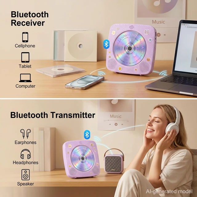 Alt view image 3 of 7 - CD Player Portable Bluetooth CD Players for Home Rechargeable Desktop Wall Mountable Portable CD Player Dual Speakers 1800mAh Boombox FM Radio MP3 Music Player Small CD Player