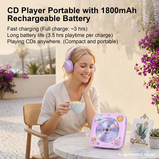Alt view image 2 of 7 - CD Player Portable Bluetooth CD Players for Home Rechargeable Desktop Wall Mountable Portable CD Player Dual Speakers 1800mAh Boombox FM Radio MP3 Music Player Small CD Player