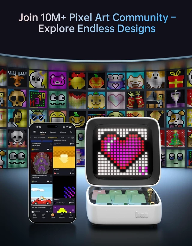 Alt view image 5 of 7 - Ditoo Retro Pixel Art 15W Bluetooth Speaker,Cute Speaker with Alarm,White Noise & Mini Games,Iconic Desk Setup Speaker with 16X16 LED App Controlled Front Screen,Gifts for Anyone (White)