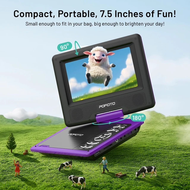 Alt view image 2 of 7 - 9.5" Portable DVD Player for Kids and Car with 7.5" Swivel Screen, 4-6 Hours Working Time, Car DVD Player with Dual Speakers, Remote Control, Support Sync TV, Region Free USB/SD/AV - Purple