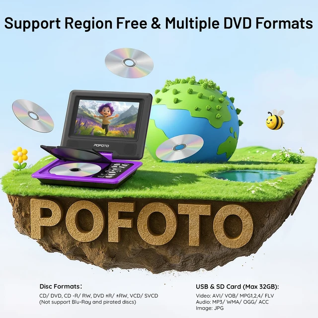 Alt view image 3 of 7 - 9.5" Portable DVD Player for Kids and Car with 7.5" Swivel Screen, 4-6 Hours Working Time, Car DVD Player with Dual Speakers, Remote Control, Support Sync TV, Region Free USB/SD/AV - Purple