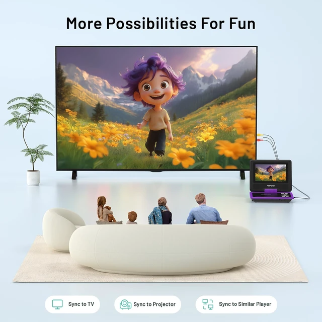 Alt view image 4 of 7 - 9.5" Portable DVD Player for Kids and Car with 7.5" Swivel Screen, 4-6 Hours Working Time, Car DVD Player with Dual Speakers, Remote Control, Support Sync TV, Region Free USB/SD/AV - Purple