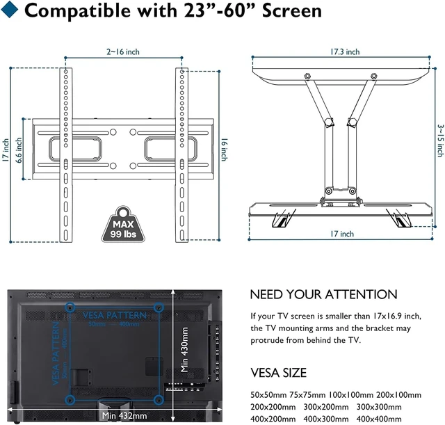 Alt view image 5 of 7 - Full Motion TV Wall Mountfor 23-70 Inch TVs, Swivel Tilt Dual Arms Hold up to 99 lbs, Max VESA 400x400mm, Adjustable Viewing Angle, Fits 16" Wood Studs, Easy Assembly