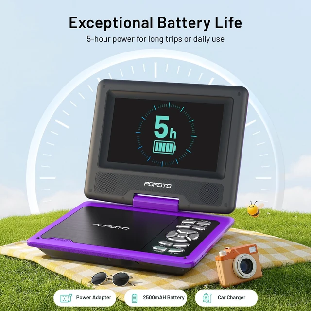 Alt view image 6 of 7 - 9.5" Portable DVD Player for Kids and Car with 7.5" Swivel Screen, 4-6 Hours Working Time, Car DVD Player with Dual Speakers, Remote Control, Support Sync TV, Region Free USB/SD/AV - Purple