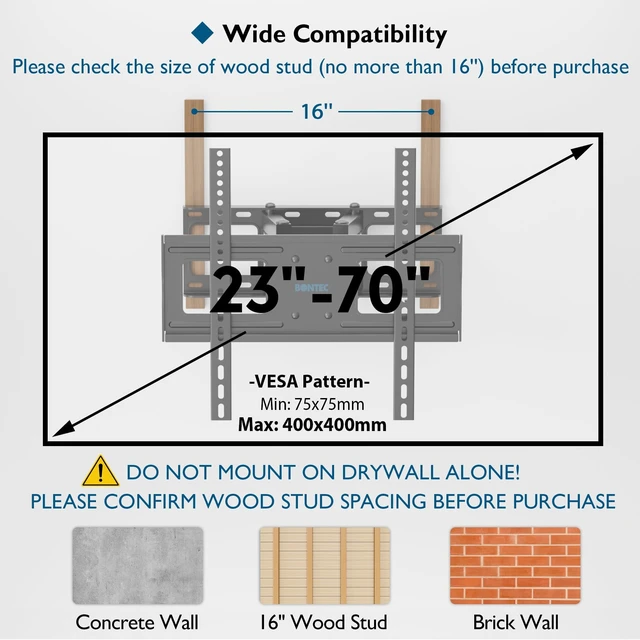 Alt view image 7 of 7 - Full Motion TV Wall Mountfor 23-70 Inch TVs, Swivel Tilt Dual Arms Hold up to 99 lbs, Max VESA 400x400mm, Adjustable Viewing Angle, Fits 16" Wood Studs, Easy Assembly