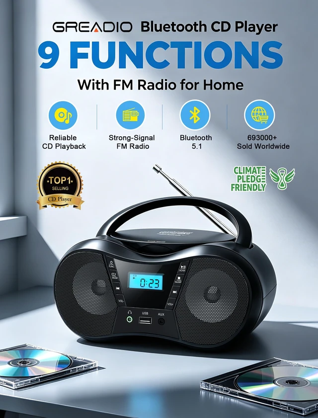 Alt view image 2 of 7 - Portable Boombox CD Players for Home with Bluetooth, Stereo Sound FM Radio CD Player, Simple Controls, CD/CD-R/RW, Compact, AC/Battery Power, USB & AUX Input Playback, Sleep Timer (Black