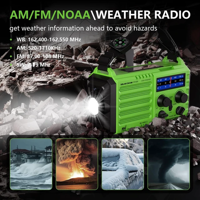 Alt view image 2 of 7 - Emergency Weather Radio with NOAA Alert, Portable Solar Hand Crank AM/FM/SW 5000mAh Rechargeable Battery for Power Outages, 5 Way Powered, 2-Mode LED Flashlight & Reading Lamp, SOS, Cell Phone Charger