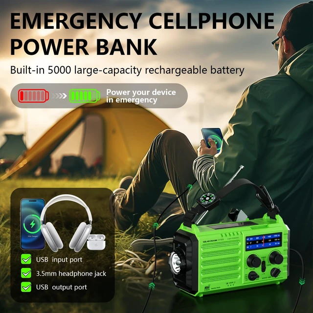 Alt view image 4 of 7 - Emergency Weather Radio with NOAA Alert, Portable Solar Hand Crank AM/FM/SW 5000mAh Rechargeable Battery for Power Outages, 5 Way Powered, 2-Mode LED Flashlight & Reading Lamp, SOS, Cell Phone Charger