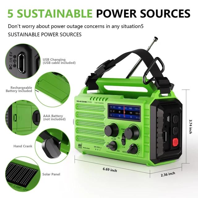 Alt view image 3 of 7 - Emergency Weather Radio with NOAA Alert, Portable Solar Hand Crank AM/FM/SW 5000mAh Rechargeable Battery for Power Outages, 5 Way Powered, 2-Mode LED Flashlight & Reading Lamp, SOS, Cell Phone Charger