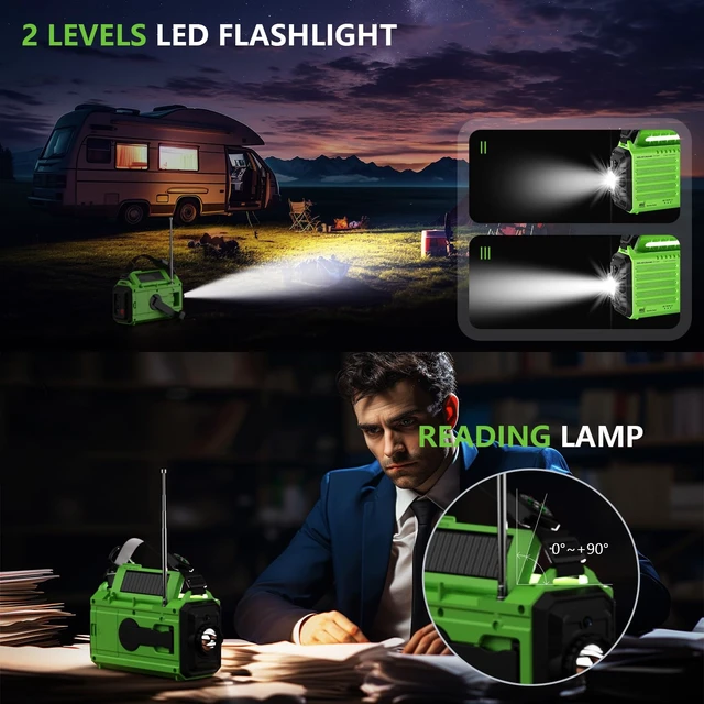 Alt view image 5 of 7 - Emergency Weather Radio with NOAA Alert, Portable Solar Hand Crank AM/FM/SW 5000mAh Rechargeable Battery for Power Outages, 5 Way Powered, 2-Mode LED Flashlight & Reading Lamp, SOS, Cell Phone Charger