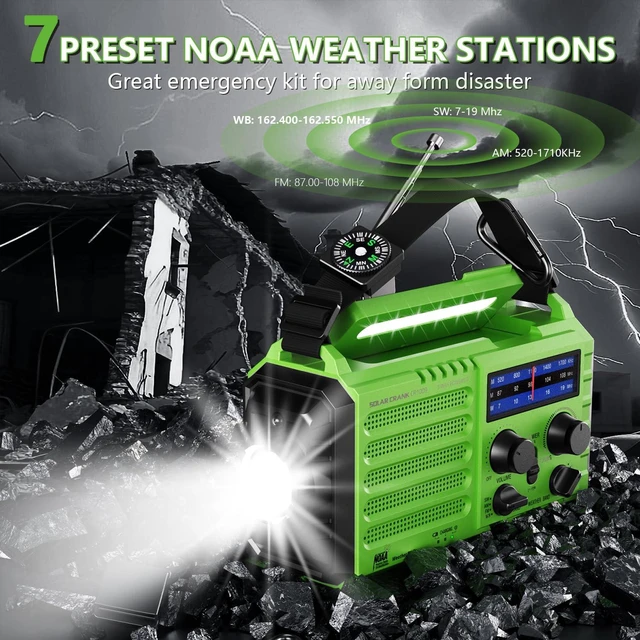 Alt view image 7 of 7 - Emergency Weather Radio with NOAA Alert, Portable Solar Hand Crank AM/FM/SW 5000mAh Rechargeable Battery for Power Outages, 5 Way Powered, 2-Mode LED Flashlight & Reading Lamp, SOS, Cell Phone Charger