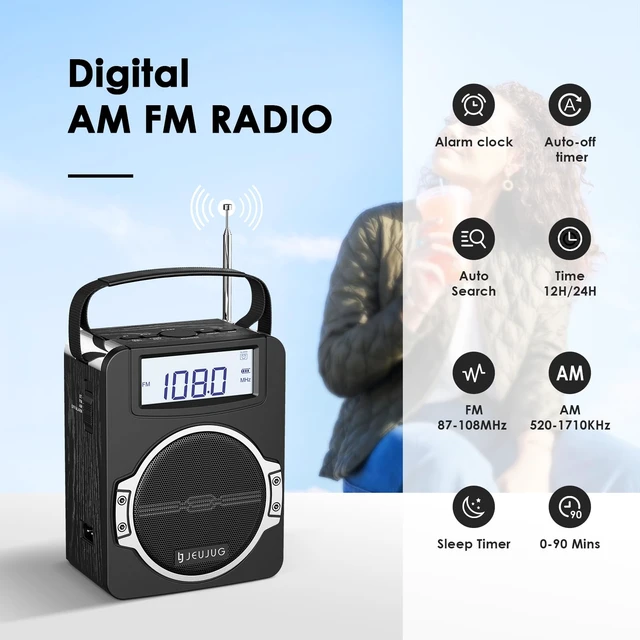 Alt view image 6 of 7 - Radio Portable AM FM Digital Radios Clock Radio with Bluetooth 5 Watts Loud Speaker Rechargeable AM FM Radios Plug in Wall Battery Operated Best Reception for Home Outdoor Great Gift Black