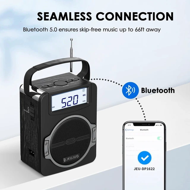 Alt view image 3 of 7 - Radio Portable AM FM Digital Radios Clock Radio with Bluetooth 5 Watts Loud Speaker Rechargeable AM FM Radios Plug in Wall Battery Operated Best Reception for Home Outdoor Great Gift Black