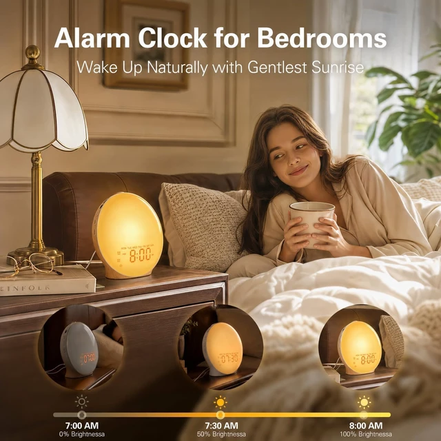 Alt view image 2 of 7 - Full-Screen Wake Up Light Sunrise Alarm Clocks for Bedrooms, White Noise Machine for Heavy Sleepers, 25 Natural Sounds, Dual Alarms, FM Radio, 17 Dimmable Colors, Bluetooth Speaker