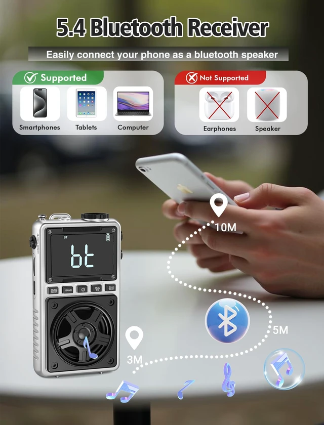 Alt view image 3 of 7 - AM FM Shortwave Radio with NOAA Weather Alert,1250mAh Rechargeable Bluetooth Portable Pocket Radio with Best Reception 5W Big Speaker Earphone,Support SD Card and USB Player Silver