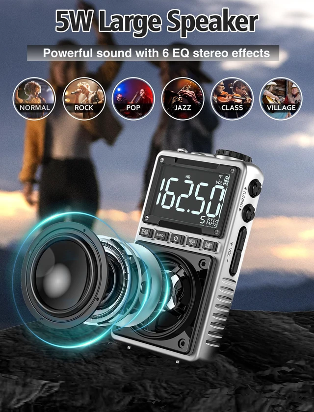 Alt view image 4 of 7 - AM FM Shortwave Radio with NOAA Weather Alert,1250mAh Rechargeable Bluetooth Portable Pocket Radio with Best Reception 5W Big Speaker Earphone,Support SD Card and USB Player Silver