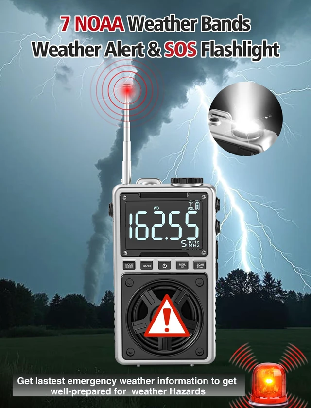 Alt view image 7 of 7 - AM FM Shortwave Radio with NOAA Weather Alert,1250mAh Rechargeable Bluetooth Portable Pocket Radio with Best Reception 5W Big Speaker Earphone,Support SD Card and USB Player Silver