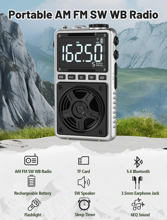 Alt view image 2 of 7 - AM FM Shortwave Radio with NOAA Weather Alert,1250mAh Rechargeable Bluetooth Portable Pocket Radio with Best Reception 5W Big Speaker Earphone,Support SD Card and USB Player Silver