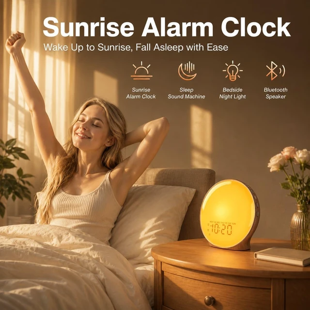 Alt view image 4 of 7 - Full-Screen Wake Up Light Sunrise Alarm Clocks for Bedrooms, White Noise Machine for Heavy Sleepers, 25 Natural Sounds, Dual Alarms, FM Radio, 17 Dimmable Colors, Bluetooth Speaker