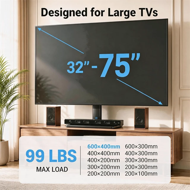 Alt view image 2 of 7 - Universal Swivel TV Stand for 32-75 inch TVs to 99lbs with Legs +/-35° swivel, 4 Height adjustable, Tempered glass base, Max VESA 600x400mm, Living room & Bedroom, PSTVS02-N1