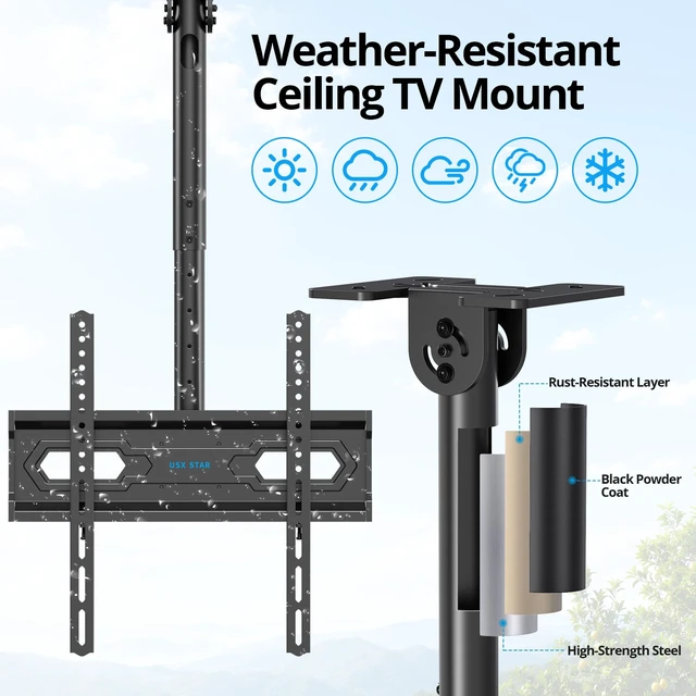 Alt view image 2 of 7 - Ceiling TV Mount 26-65 inch, Waterproof for Patio Gazebo Height Adjustable TV Bracket 110 Lbs VESA 400x400mm Full Motion 360° Swivel +5°/-15° Tilt ±3° level Weatherproof Anti-Rust