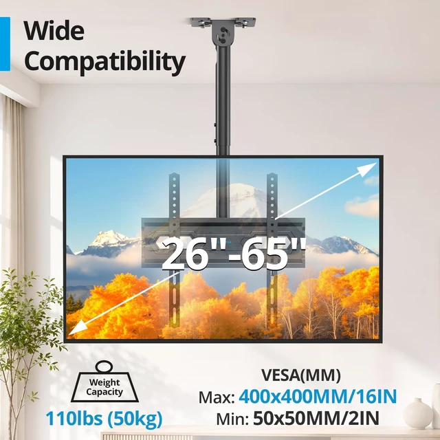 Alt view image 3 of 7 - Ceiling TV Mount 26-65 inch, Waterproof for Patio Gazebo Height Adjustable TV Bracket 110 Lbs VESA 400x400mm Full Motion 360° Swivel +5°/-15° Tilt ±3° level Weatherproof Anti-Rust