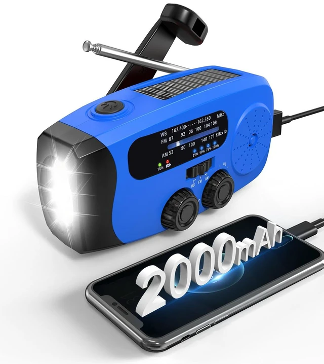 Main image of Hand Crank Radio with AM/FM/NOAA Weather Bands,for Emergencies, Camping 3 LED Flashlights,SOS Function,Solar Powered,Hand Cranked, 2000mAh/7400mWh Charger,for Power Outage - Blue