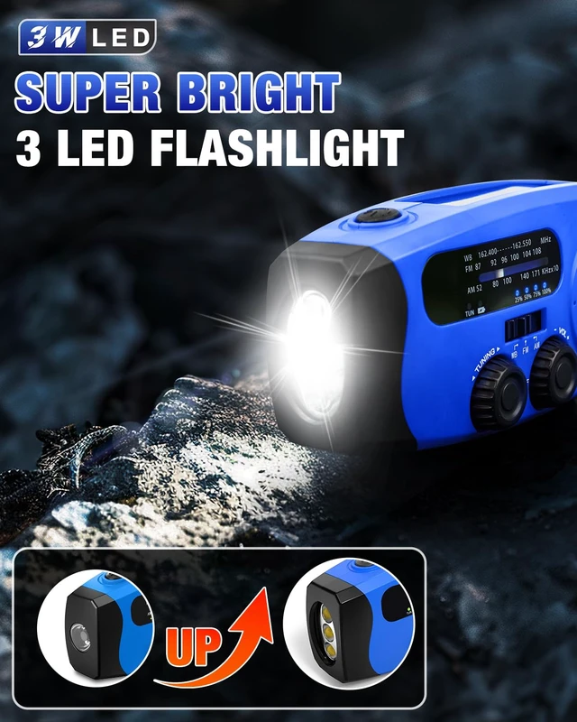Alt view image 2 of 7 - Hand Crank Radio with AM/FM/NOAA Weather Bands,for Emergencies, Camping 3 LED Flashlights,SOS Function,Solar Powered,Hand Cranked, 2000mAh/7400mWh Charger,for Power Outage - Blue