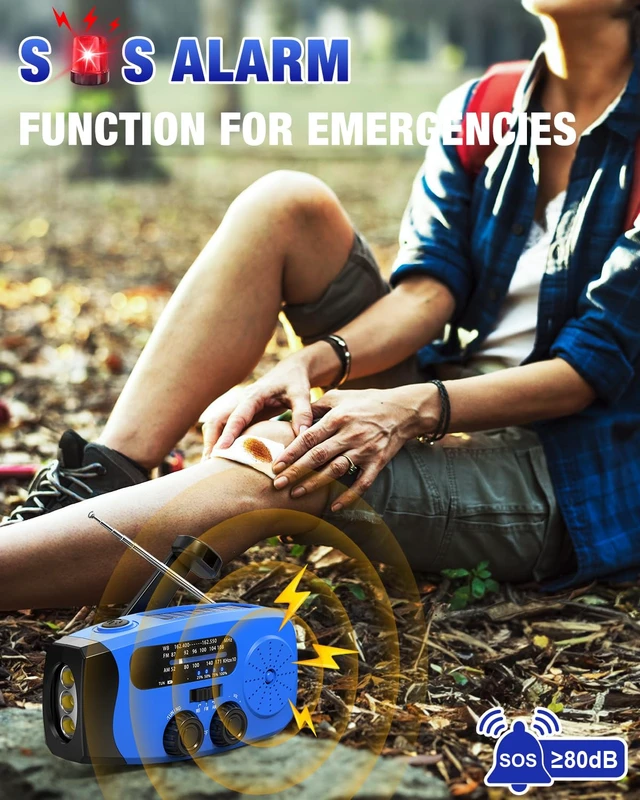 Alt view image 3 of 7 - Hand Crank Radio with AM/FM/NOAA Weather Bands,for Emergencies, Camping 3 LED Flashlights,SOS Function,Solar Powered,Hand Cranked, 2000mAh/7400mWh Charger,for Power Outage - Blue