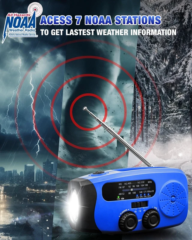 Alt view image 4 of 7 - Hand Crank Radio with AM/FM/NOAA Weather Bands,for Emergencies, Camping 3 LED Flashlights,SOS Function,Solar Powered,Hand Cranked, 2000mAh/7400mWh Charger,for Power Outage - Blue