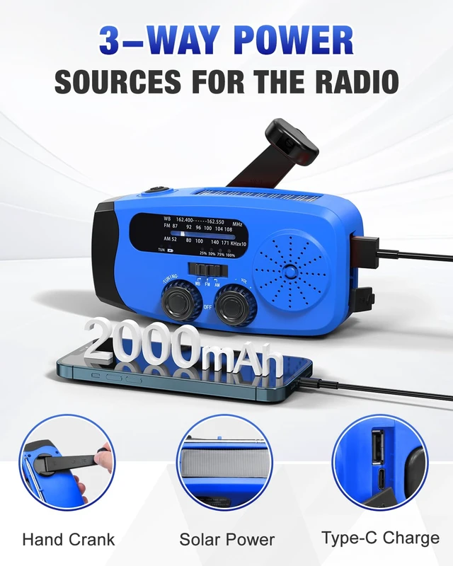 Alt view image 6 of 7 - Hand Crank Radio with AM/FM/NOAA Weather Bands,for Emergencies, Camping 3 LED Flashlights,SOS Function,Solar Powered,Hand Cranked, 2000mAh/7400mWh Charger,for Power Outage - Blue