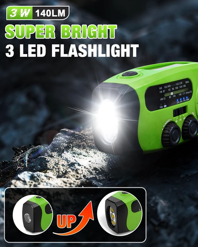 Alt view image 2 of 7 - Hand Crank Radio with AM/FM/NOAA Weather Bands,for Emergencies, Camping 3 LED Flashlights,SOS Function,Solar Powered,Hand Cranked, 2000mAh/7400mWh Charger,for Power Outage - Green