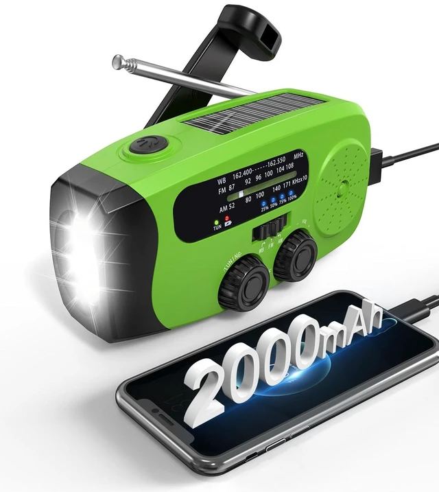 Main image of Hand Crank Radio with AM/FM/NOAA Weather Bands,for Emergencies, Camping 3 LED Flashlights,SOS Function,Solar Powered,Hand Cranked, 2000mAh/7400mWh Charger,for Power Outage - Green