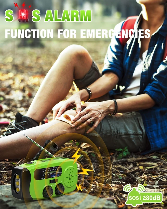 Alt view image 3 of 7 - Hand Crank Radio with AM/FM/NOAA Weather Bands,for Emergencies, Camping 3 LED Flashlights,SOS Function,Solar Powered,Hand Cranked, 2000mAh/7400mWh Charger,for Power Outage - Green